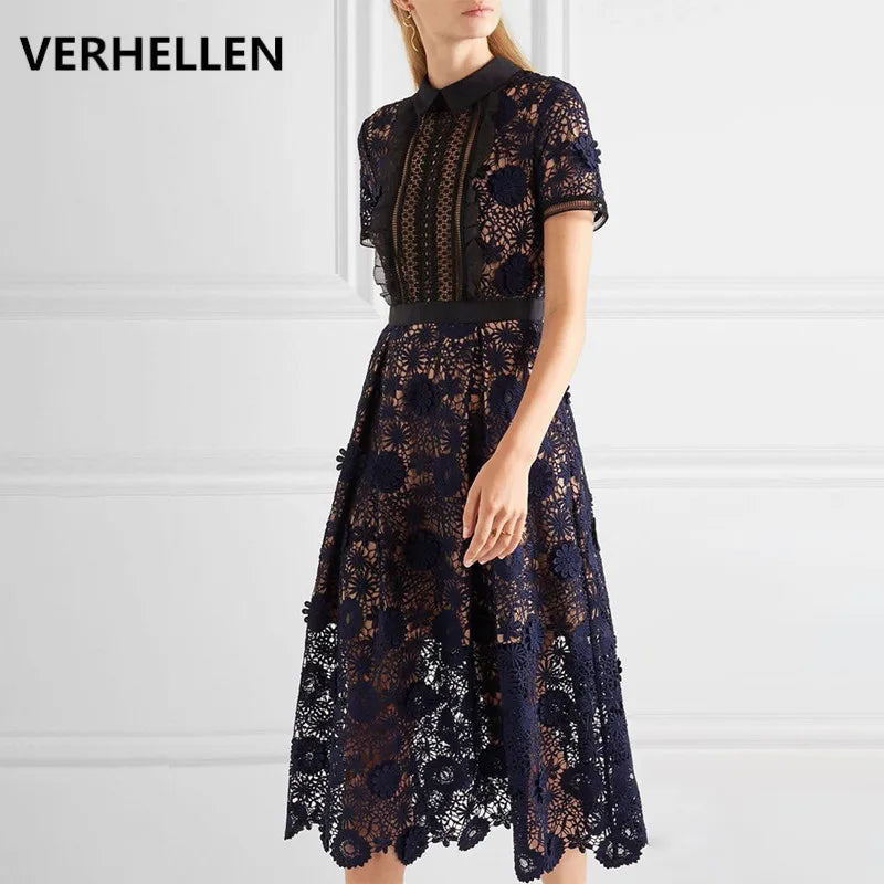 VERHELLEN High Quality Dress 2020 Autumn Women'S Short Sleeve Flowers Embroidery Lace Dress Casual Vestidos