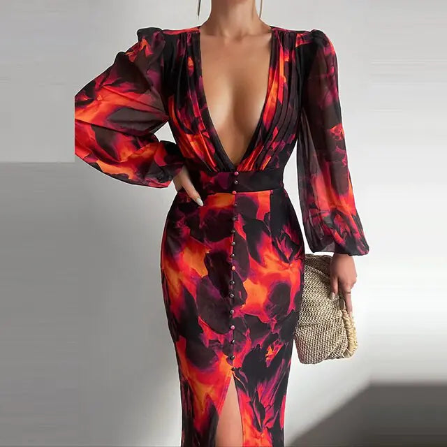 Women Sexy Button V-Neck Slit Party Dress