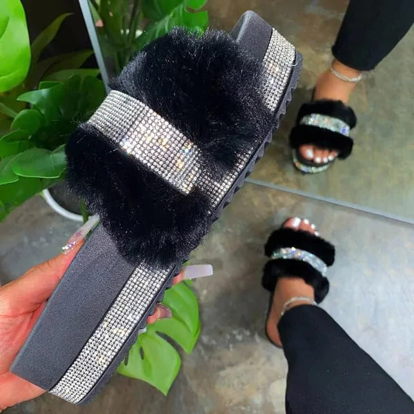 Luxury Designer Women Fur Rhinestone Slippers