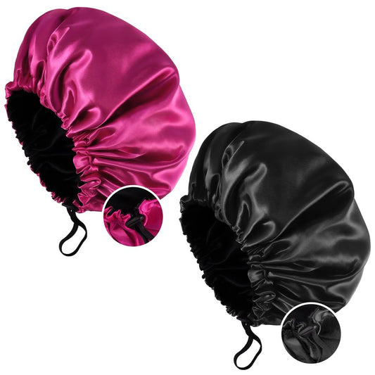 2 Pack Satin Hair Bonnet for Sleeping, Silk Satin Hair Bonnet for Curly Hair, Double Layer Hair Bonnets, Adjustable Extra Large Reversible Hair Bonnet for Woman Sleeping Long Short Hair